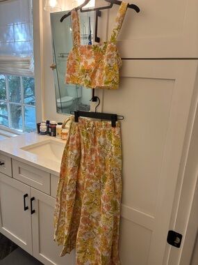 Floral Two-Piece Crop Top & Skirt Set in Yellow and Peach